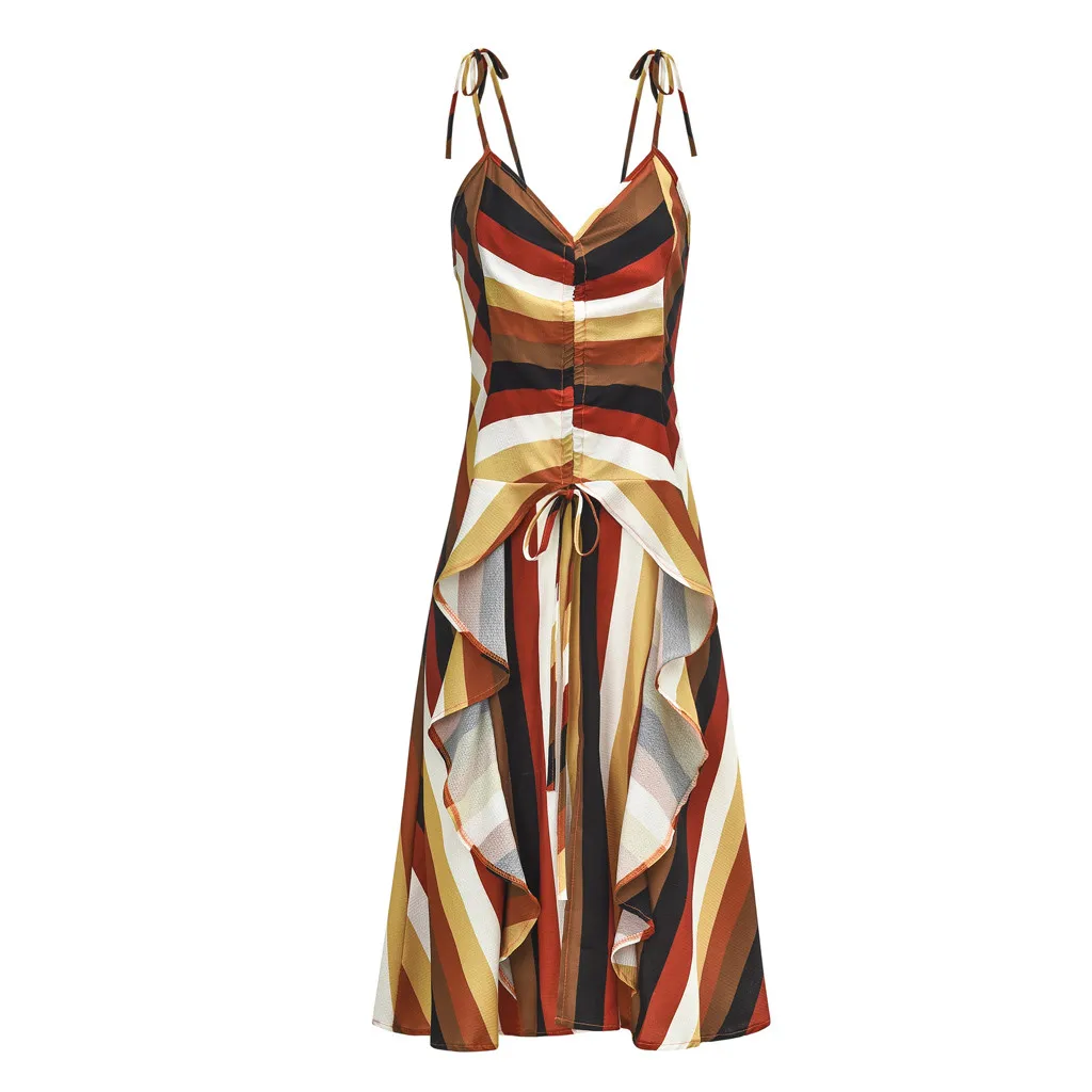 Women's Striped Suspender Chiffon Print Pleated Split Holiday Dresses Summer Casual Beach Sleeveless V-Neck Dress G0322#20 | Женская