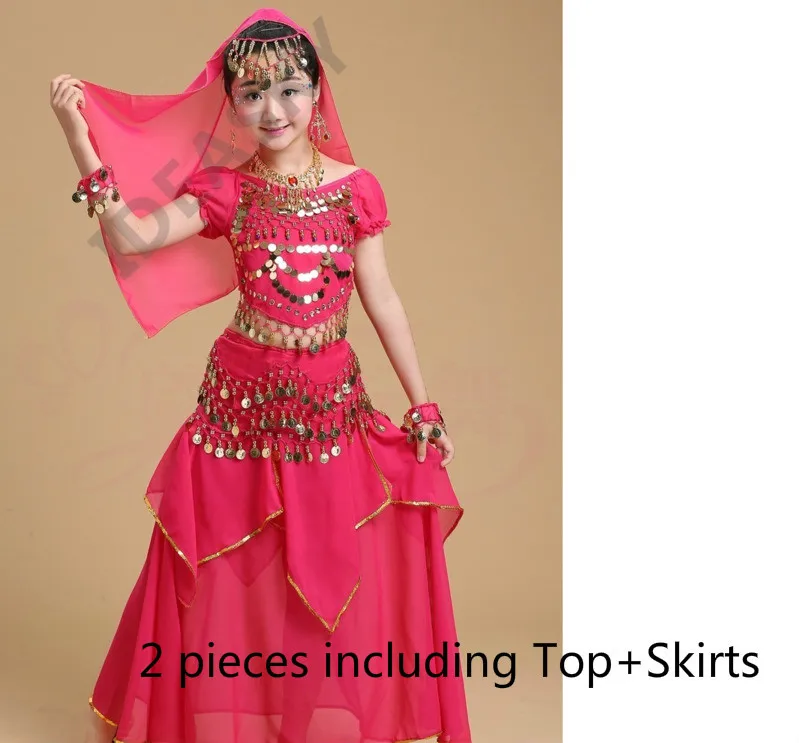 hot pink 2pcs Индийский танец живота Болливуд танцевальные костюмы для детей набор профессиональных детей девочек Восточный Танец Топ юбка хип шарф - Цвет: hot pink 2pcs