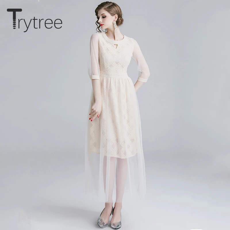 Trytree летнее осеннее платье с вырезом круглым в сетку геометрическим рисунком