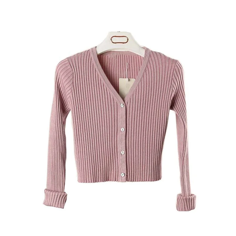 2018 Women Slim V Neck Knitted Cardigan Long Sleeve Cropped Sweaters Ladies Solid Short Cardigans Candy ZY4195 |