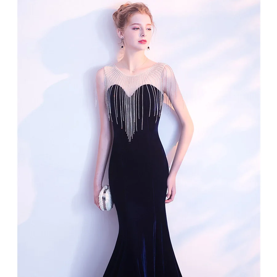 CEEWHY Navy Blue Velour Vestido de Festa Avondjurk Crystal Evening Dress Long Prom Formal Gowns Mermaid | Свадьбы и торжества