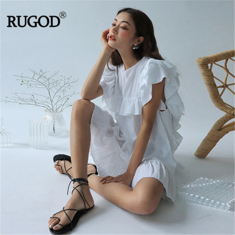 RUGOD 2019 Плиссированное цельное женское платье элегантные с коротким рукавом в