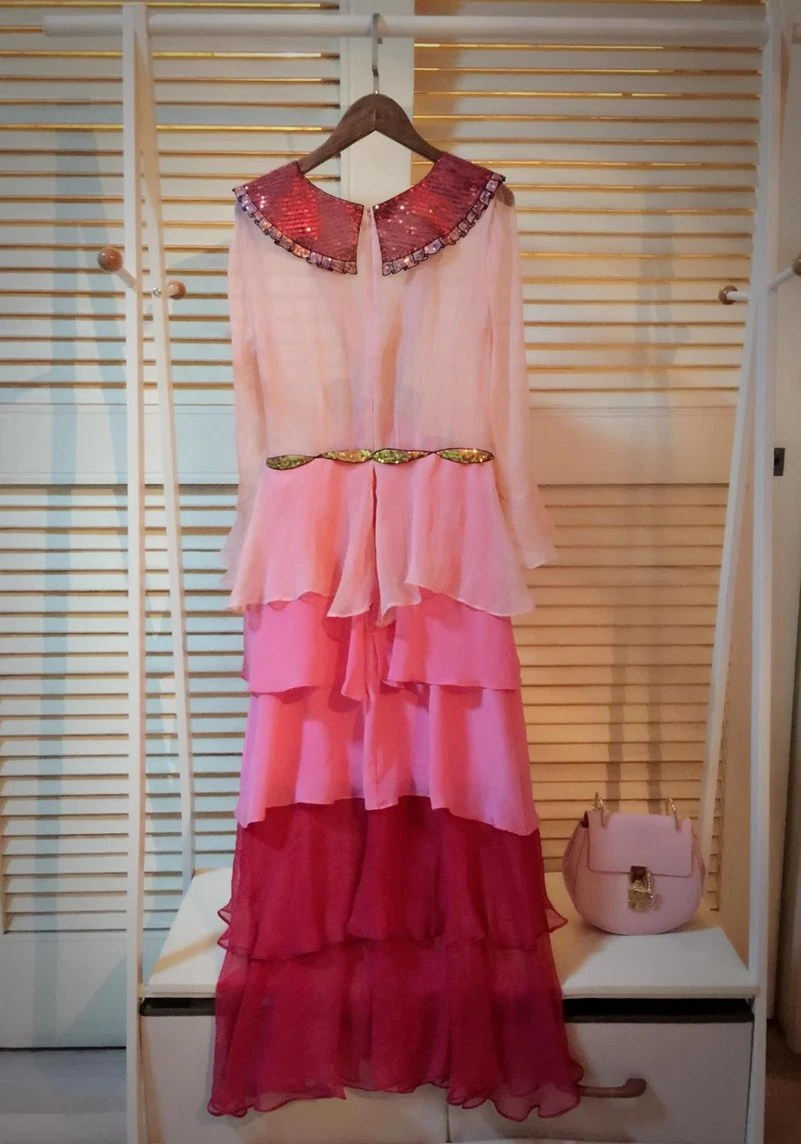 SexeMara fashion The New V-neck Bow Mesh perspective Gradient cake dress Free shipping | Женская одежда