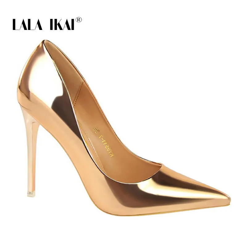 Gold LALA IKAI/женские туфли-лодочки; свадебные туфли; Цвет Серебристый; сезон весна-лето; пикантные Вечерние туфли на высоком каблуке из искусственной кожи; chaussures femme; 014C1255-4 - Цвет: Gold