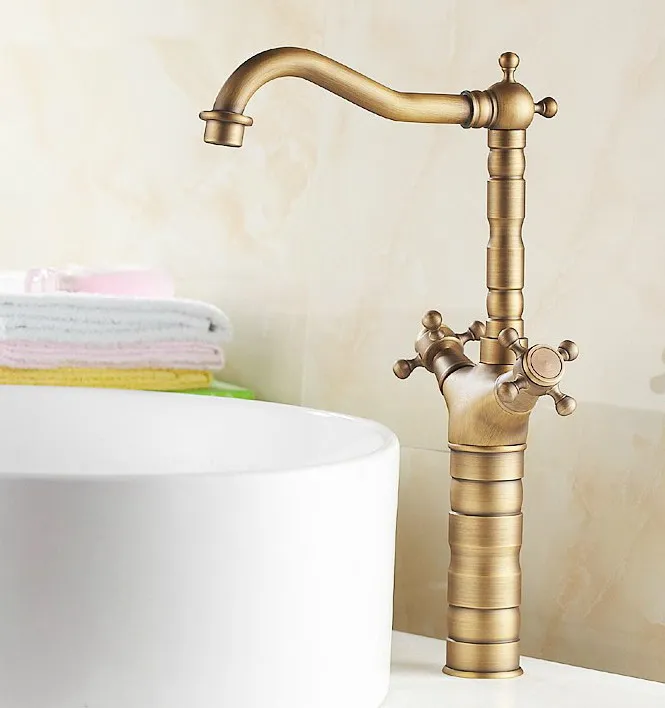 

360 Swivel Retro Antique Brass Bathroom Basin Sink Mixer Tap Kitchen Dual Handles Deck Mounted Basin Sink Mixer Faucet Lnf103