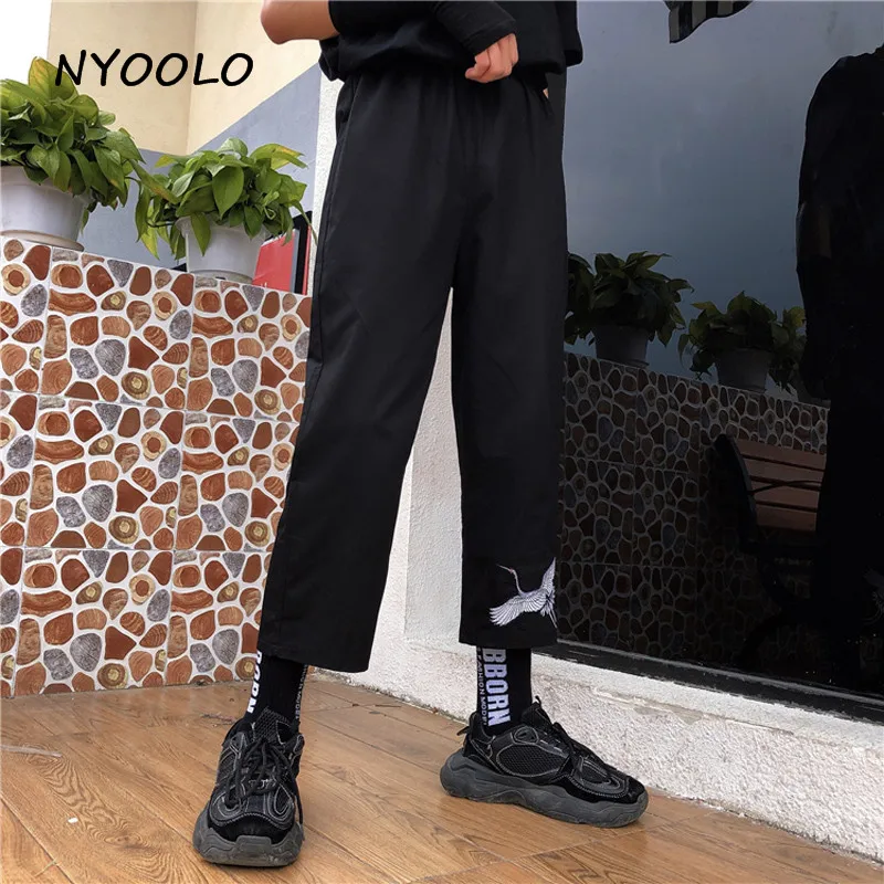 NYOOLO Harajuku дизайнерские брюки с вышивкой и высокой талией летние прямые эластичной