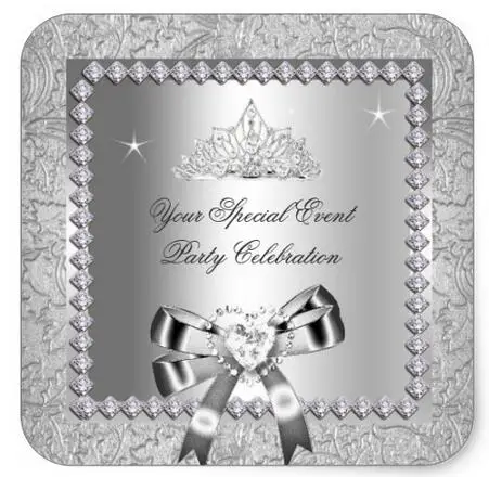 

1.5inch Damask Silver Diamonds Tiara Bow Heart Images Square Sticker
