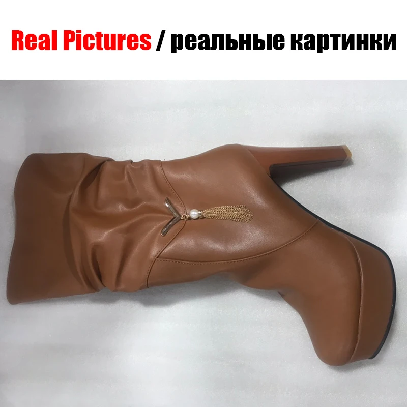 BONJOMARISA, большие размеры 34-43, элегантные черные сапоги до середины икры со складками г. Женские сапоги на платформе женская обувь на высоком каблуке без шнуровки