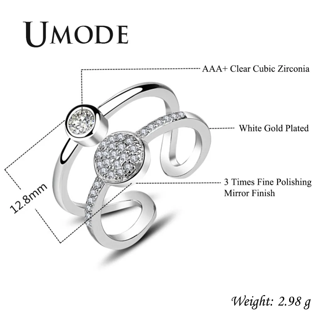 Женское кольцо-манжета UMODE белое золото с круглым цирконием ювелирные изделия