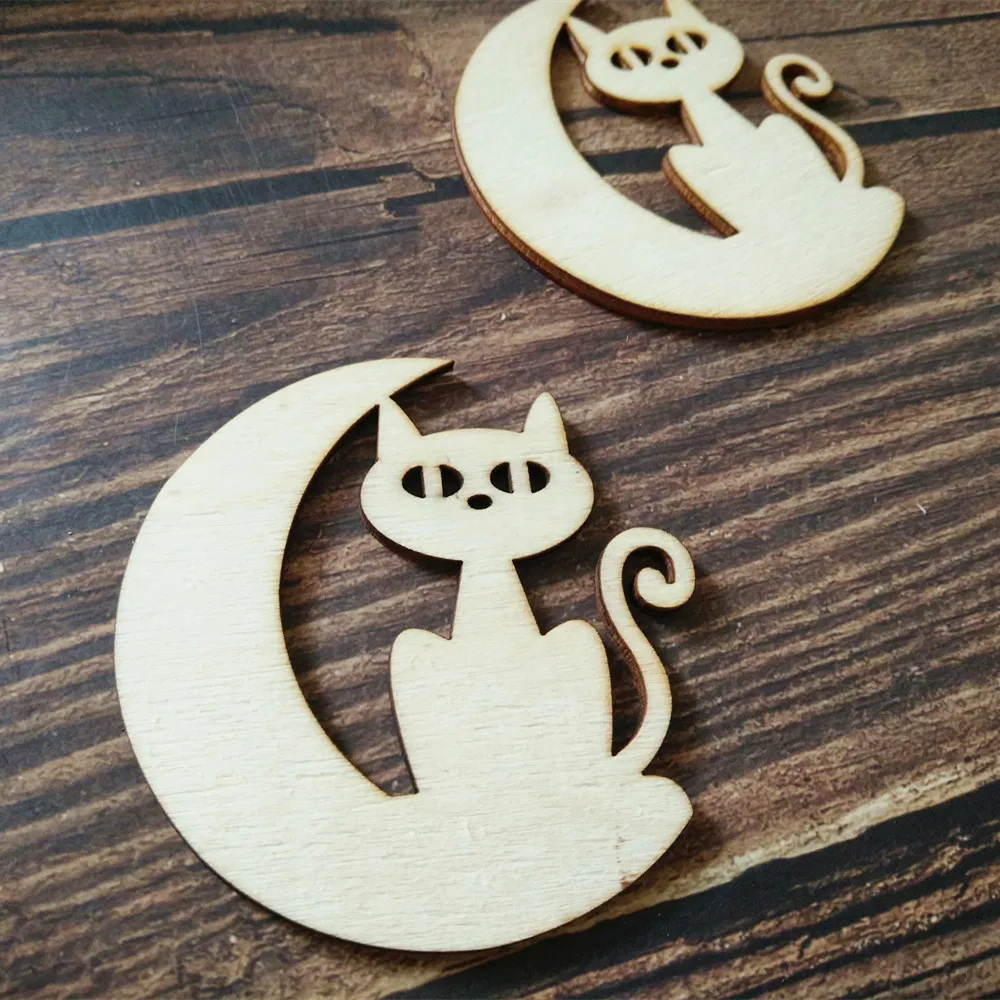 10pcs Laser Cut Unfinished Wooden Cute Cat on the Moon Home Decor Wall Hanging Art Kids Birthday Decorations DIY Craft Scrapbook | Дом и сад