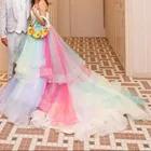 Длинная юбка с разноцветными радужными оборками для свадебных торжеств, индивидуальный пошив, вечерние юбки для выпускного вечера со шлейфом