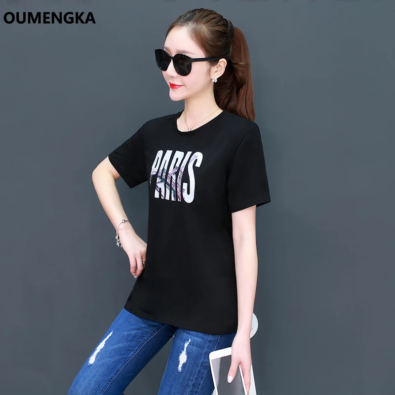 

OUMENGKA Tshirt 2019 New Women Summer O-neck T shirt Quality Cotton T-shirt Female Harajuku Woman Tees Shirt Short Sleeve S-3XL
