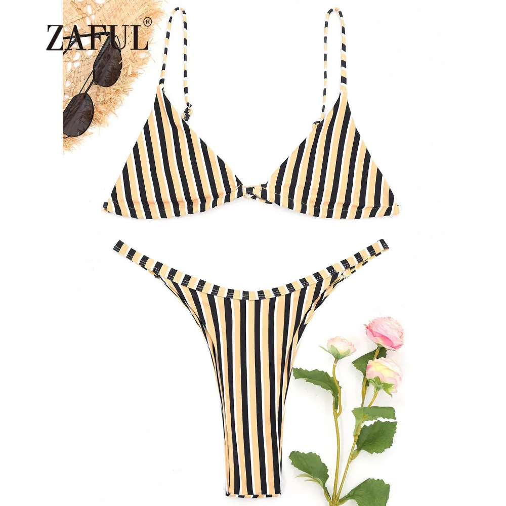 Женский купальник с бретельками ZAFUL полосатый бикини из двух частей