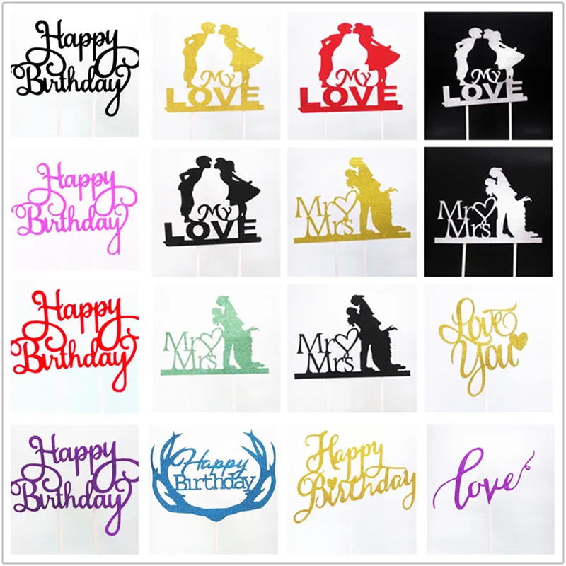 

Wedding Cake Topper Flags Bride Groom Mr Mrs Acrylic Black Cake Toppers HAPPY BIRTHDAY Decorations Mariage Party Supplies Favors