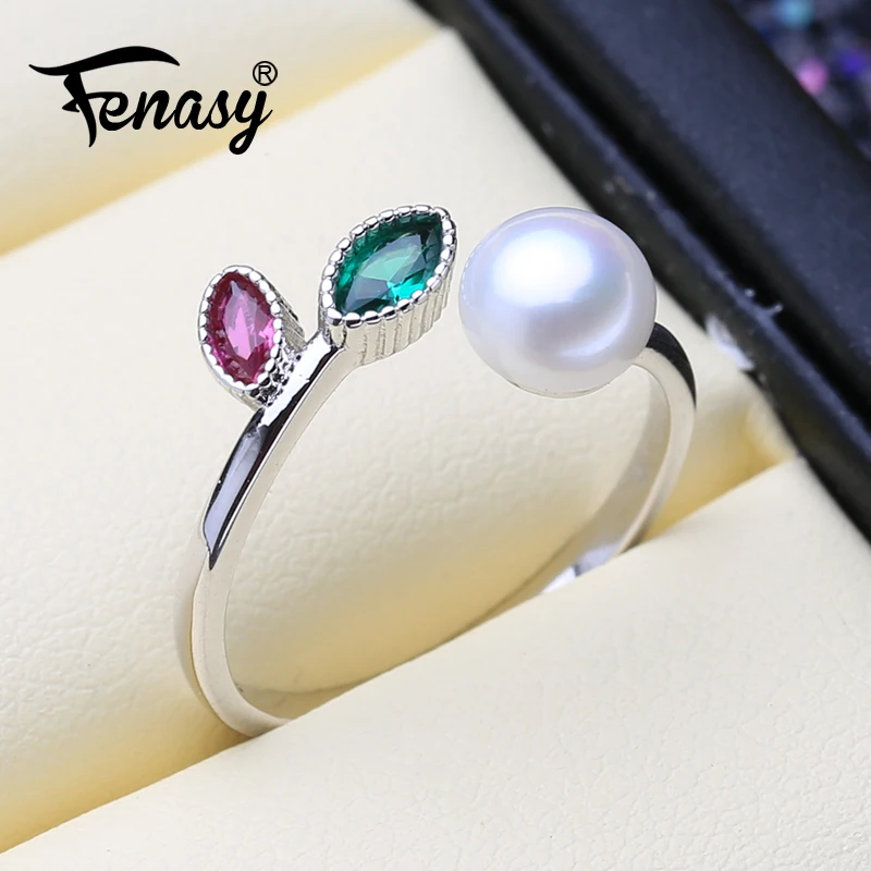FENASY ювелирные изделия из жемчуга 925 из стерлингового серебра, рубиновое кольцо в виде листа с жемчугом, настоящие кольца с натуральным пресноводным жемчугом для женщин