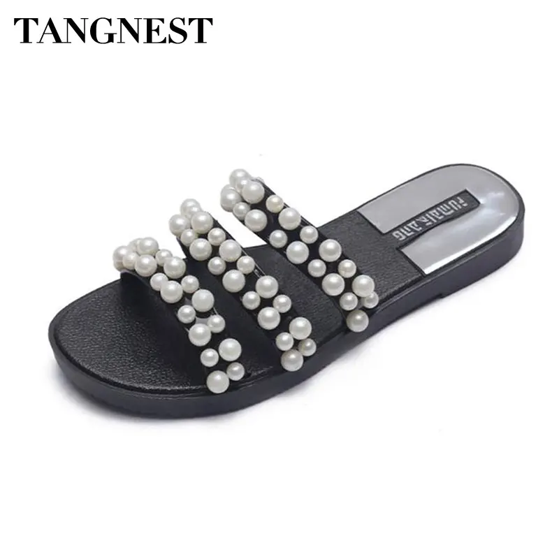 Tangnest/Новые летние женские прозрачные шлепанцы модные пляжные с жемчугом туфли на