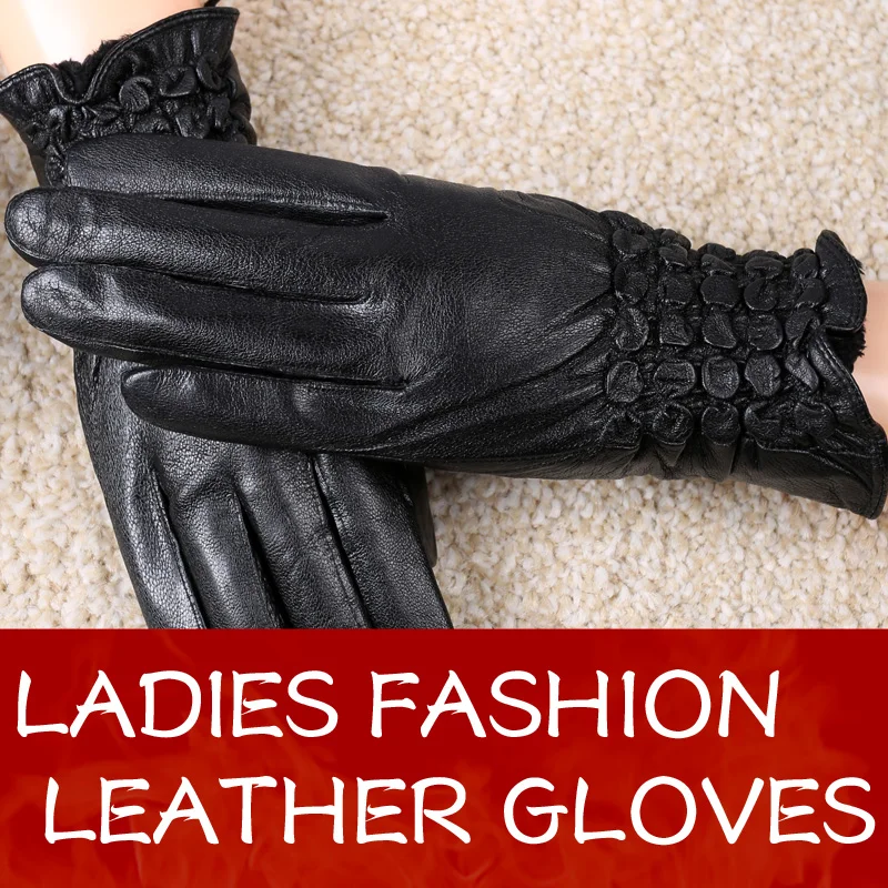 Женские кожаные перчатки женские зимние модные из овчины черные 2018|women's black leather