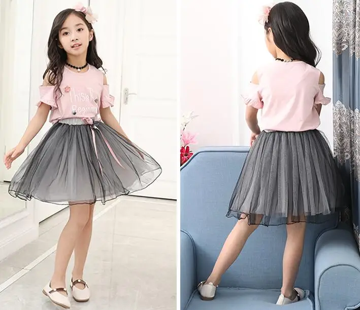2019 fashion girls sumemr party dress cotton mesh fake 2 piece set children wedding | Детская одежда и обувь