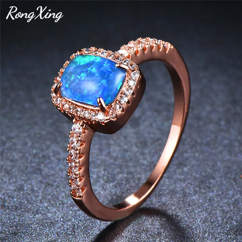 RongXing Blue/Green/White Fire Opal Square Rings For Women Rose Gold Filled Rainbow Stone Zircon Birthstone Ring Jewelry RR0090 | Украшения