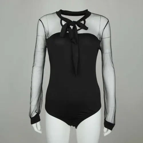 

Ladies Women Long Sleeve Perspective Patchwork Drawstring Tulle Bodysuit Tops Clothes