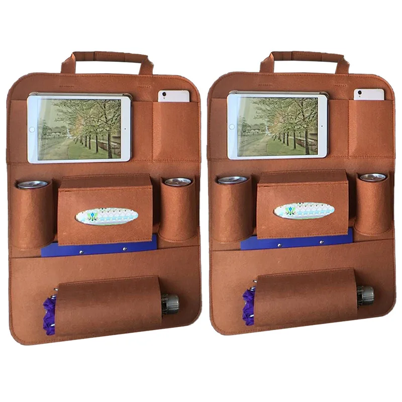 2Pcs Brown Автомобильный Органайзер, сумка на заднее сиденье, кресло для хранения, автомобильные карманные сумки, чашка для хранения, для автомобилей, авто, для мусора, для путешествий, автомобильные аксессуары - Название цвета: 2Pcs Brown
