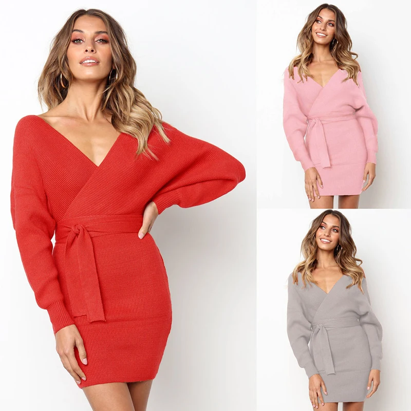 2018 Fashion Women Dress Casual Solid Long Batwing Sleeve Mini Female Autumn Spring Sexy V Neck Belt Party Dresses chifave | Женская