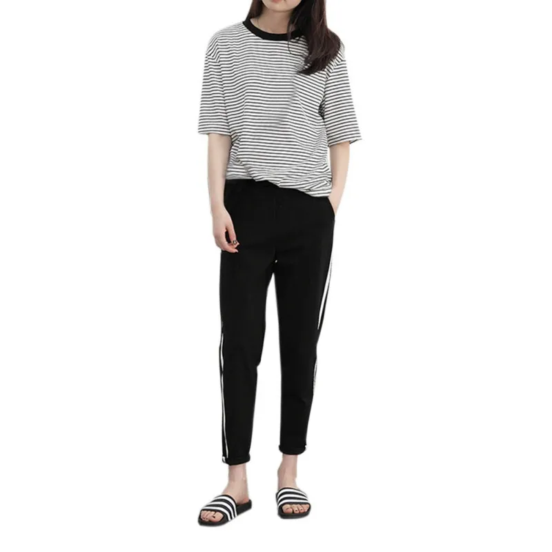 2018 летние женские повседневные черные свободные брюки с высокой талией в белую