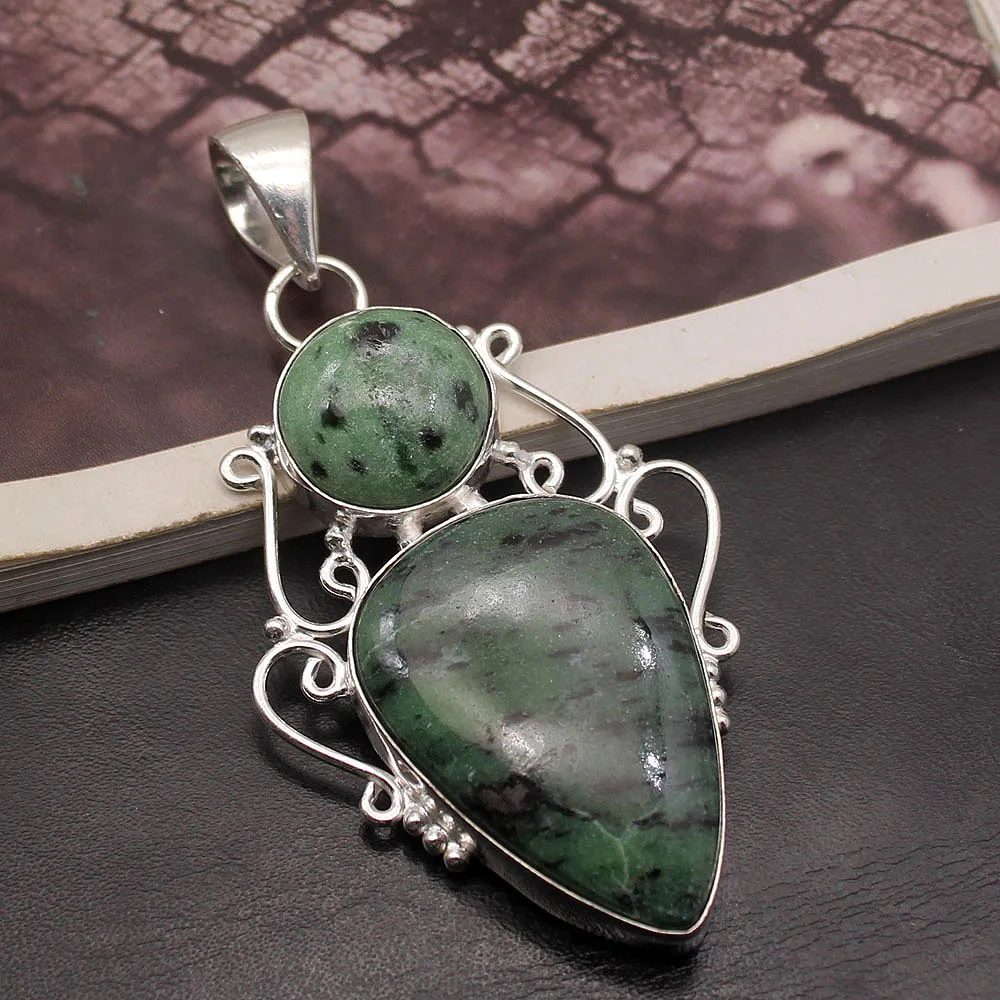 

Attractive Design Natural Green Obsidian925 Sterling Silver Color Charms Necklaces Pendants 72mm TF1089