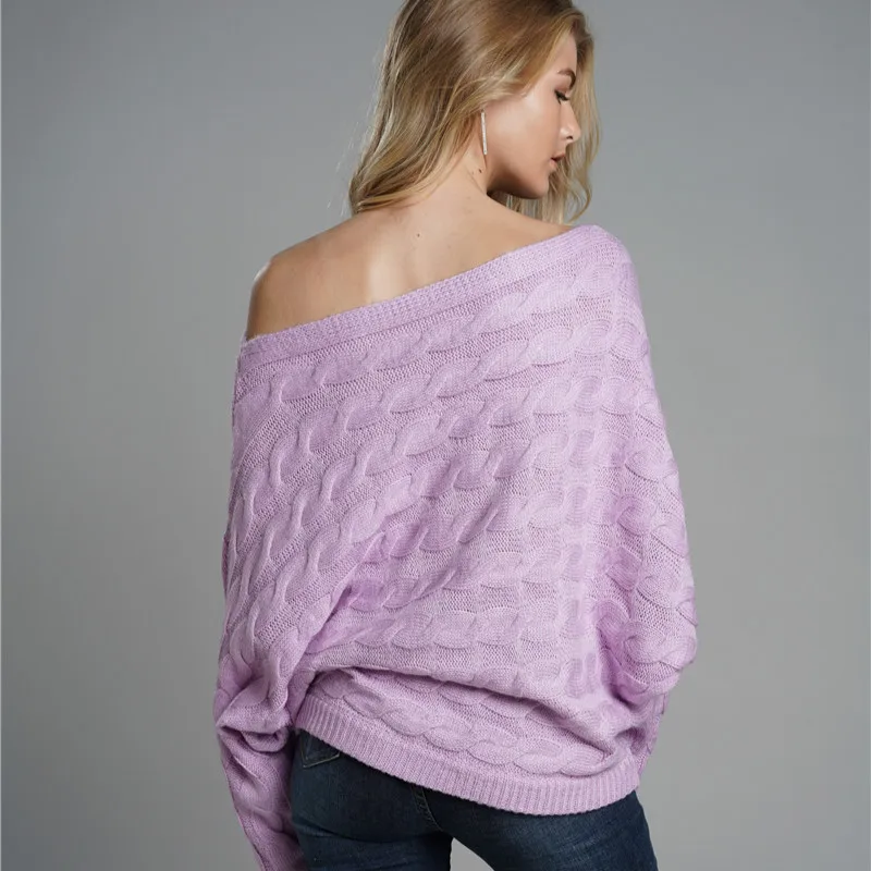 Loose Type Off the Shoulder Sweater for Women Batwing Sleeve Soft Mohair Floral Knit Pullover OL Jumpers Lavender Casual Wear | Женская