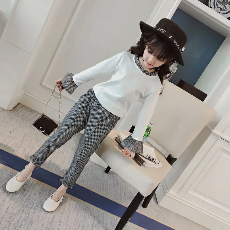 Children Clothes Set for Girls 2018 Spring New Suit Big Kids Shirts + Plaid Pant 2pcs Girl Clothing Sets Cotton Brand Fashio | Детская