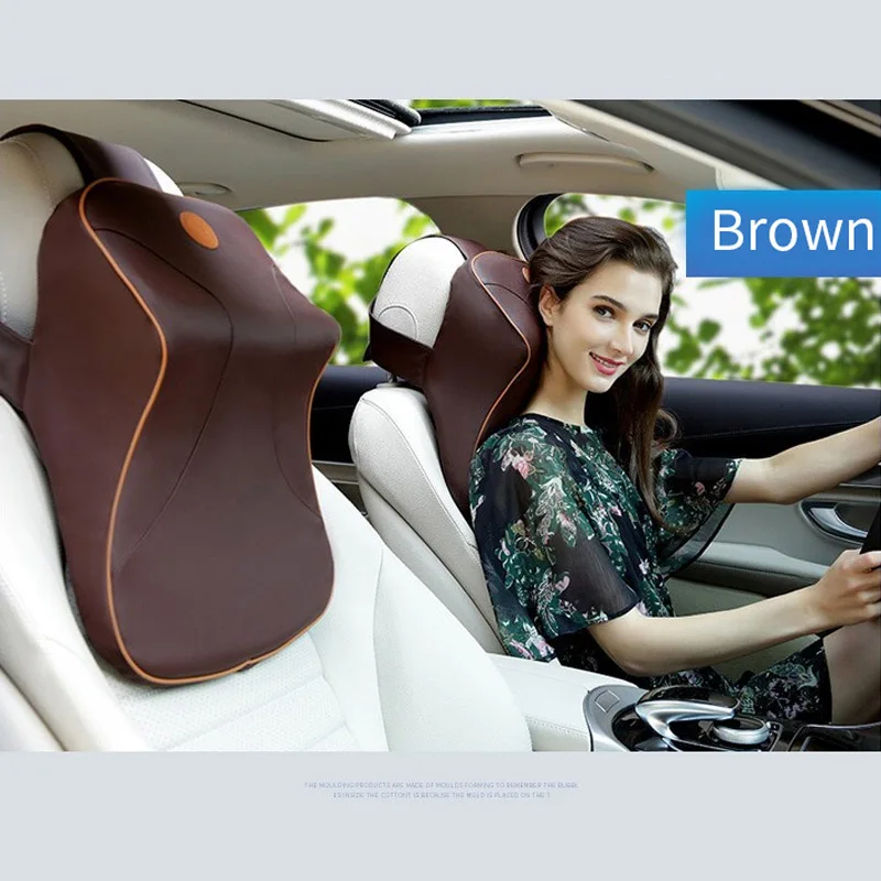 1pcs brown Кожа+ 3D пены памяти Автомобильная подушка для шеи Регулируемая подголовник авто подголовник дорожная подушка с для Renault Volvo Citroen - Цвет: 1pcs brown