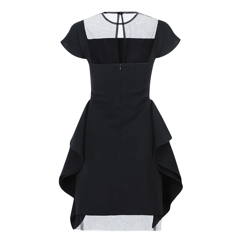 

Max Spri 2019 New Fashion Sexy O Neck Mesh Short Sleeves Frill Ruffles A-Line Women Party Little Black Mini Dress