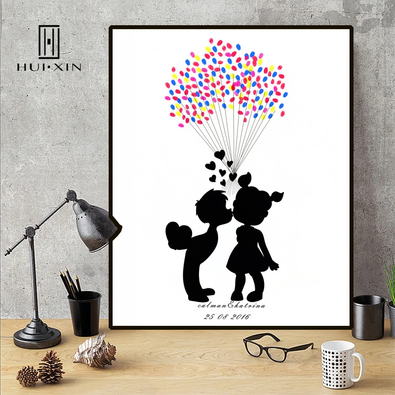 

DIY Fingerprint Guestbook Souvenir Adorable Boy Kissing a Girl Special Present for Weddings Anniversary Classic Wall Decoration
