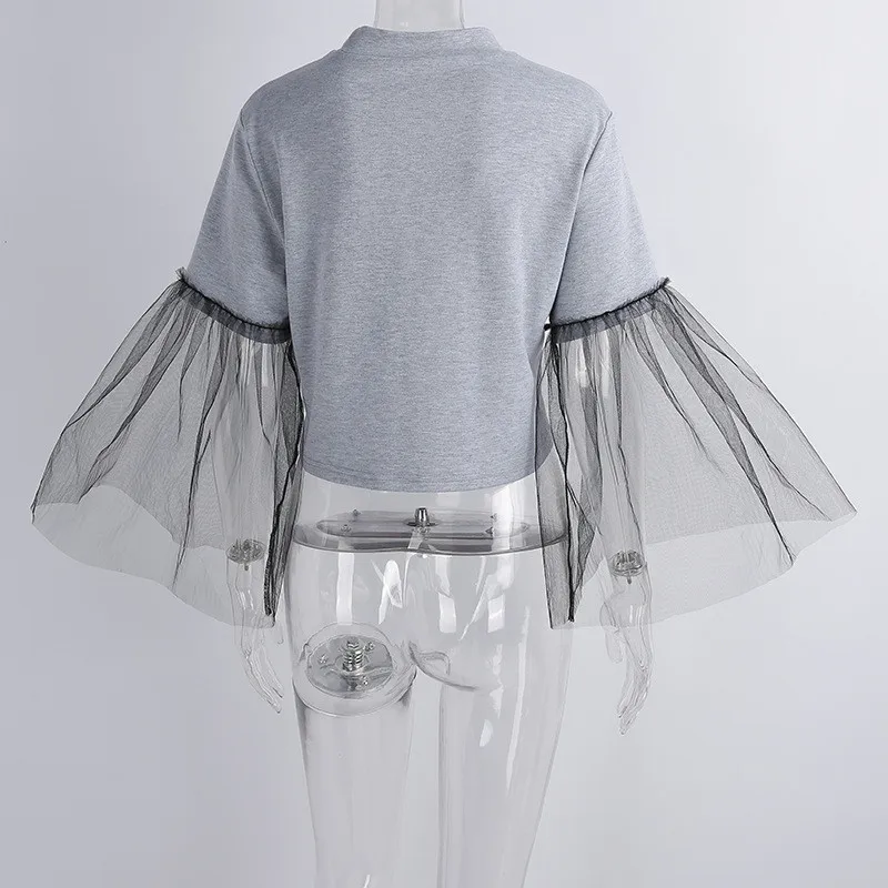 Новое поступление рубашка женские топы серая черная расклешенная сетка с