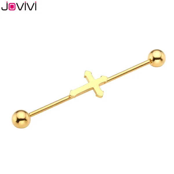 Jovivi цена 16Ga Крест винт мяч Длинные Промышленные Штанги Серьги, Надеваемые На ушной хрящ из нержавеющей стали пирсинг тела, ушей ювелирные изделия - Окраска металла: 2x Gold