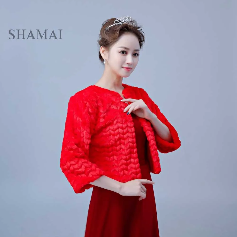 

SHAMAI Red Winter Faux Fur Bridal Jacket Warm Boleros Wedding Bride Cape High Quality New Style Wedding Wrap Free Shipping