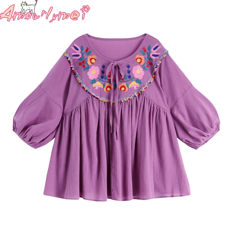 Блузка женская из хлопка и льна с круглым вырезом вышивкой | Женская одежда