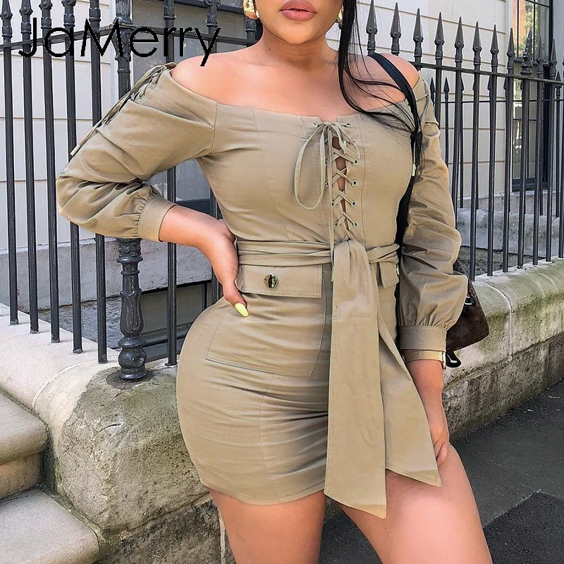 JaMerry Винтаж Сексуальная с плеча женщины хаки платье длинным рукавом bodycon Короткие