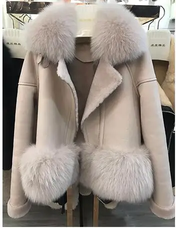 light khaki EIFURKOP Натуральная Овчина кожаная куртка женская тонкая шуба из натурального Лисьего меха стрижка шуба шерстяная зимняя женская куртка с мехом - Цвет: light khaki