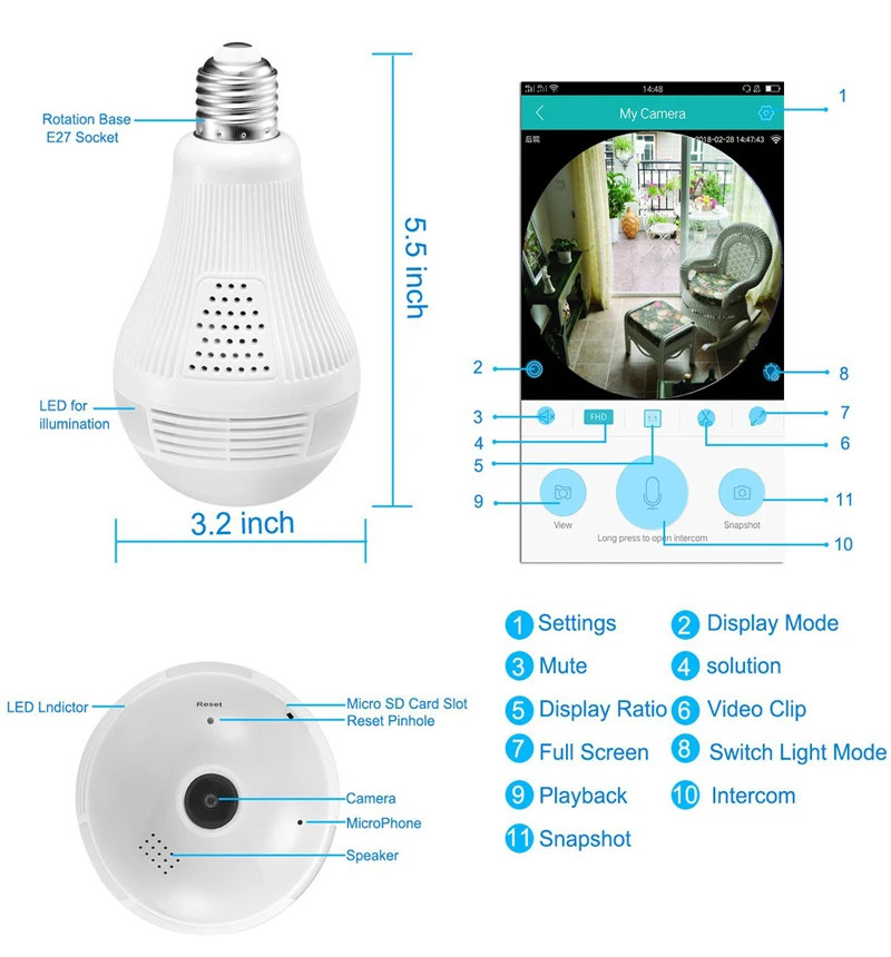 Hebeiros 3MP 1080 P лампа 360 градусов рыбий глаз умный Wifi IP панорамный фотоаппарат P2P