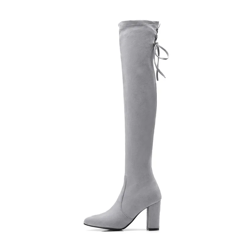 Женские ботфорты с острым носком MORAZORA черные из флока на высоком каблуке