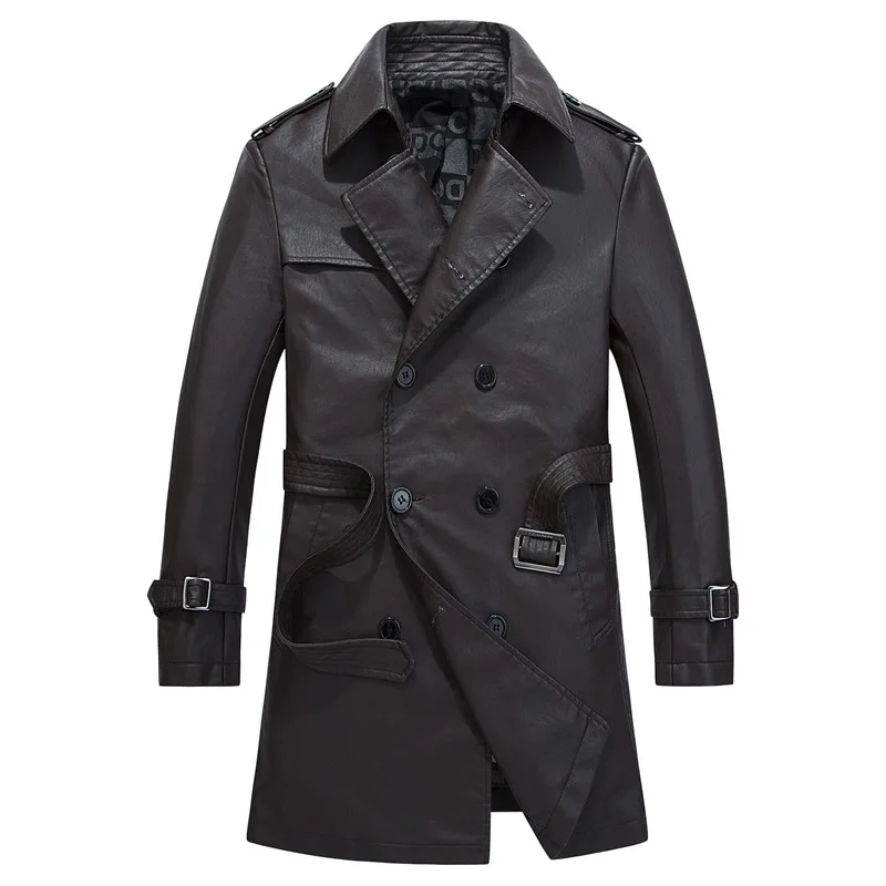 Abrigo Зимняя Куртка Двойной Брестед Длинные Кожаные Пальто Мужчины Jaqueta Couro Masculina