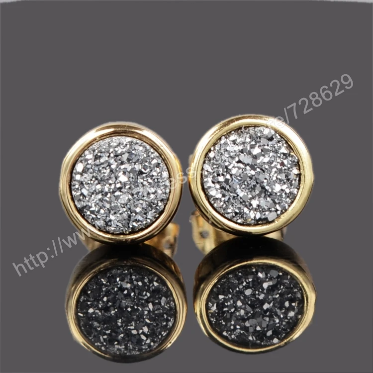 

BOROSA 5Pair/lot 8mm Round Natural Crystal Druzy Stud Earrings Gold Color Druzy Stone Earrings gift for Women G0198-3