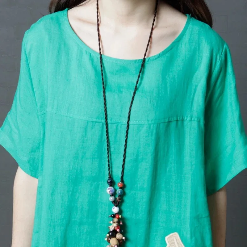 Женская летняя одежда из хлопка и конопли с круглым воротником короткими