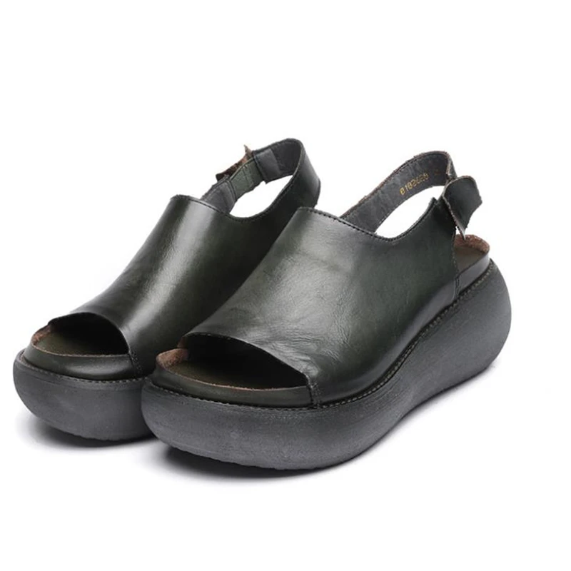 Зеленый Sandals female summer new thick bottom Handmade genuine leather women sandals flat bottom casual shoes platform sandals - Цвет: Зеленый