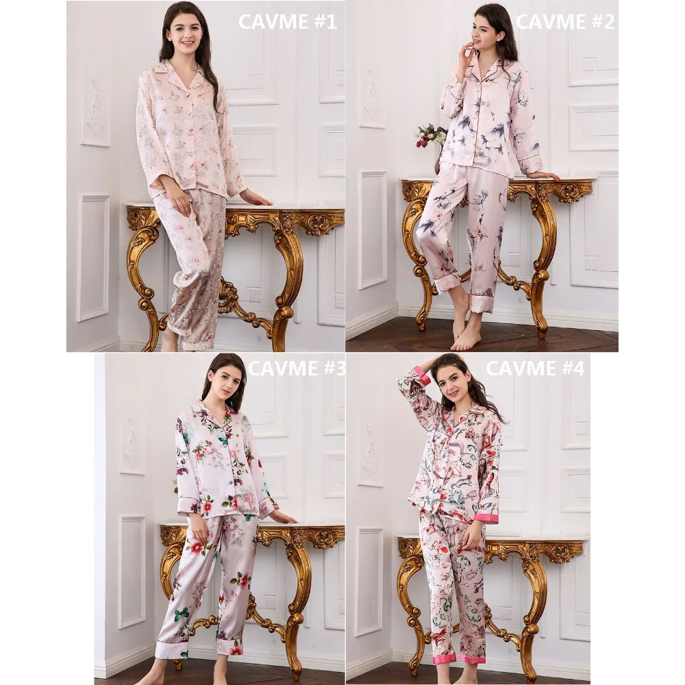 CAVME 2019 Luxury Silk Pajama Sets for Women Elegant Ladies Pyama Set Plus Size Printed Full Sleeve Pants Home Clothes Sleepwear