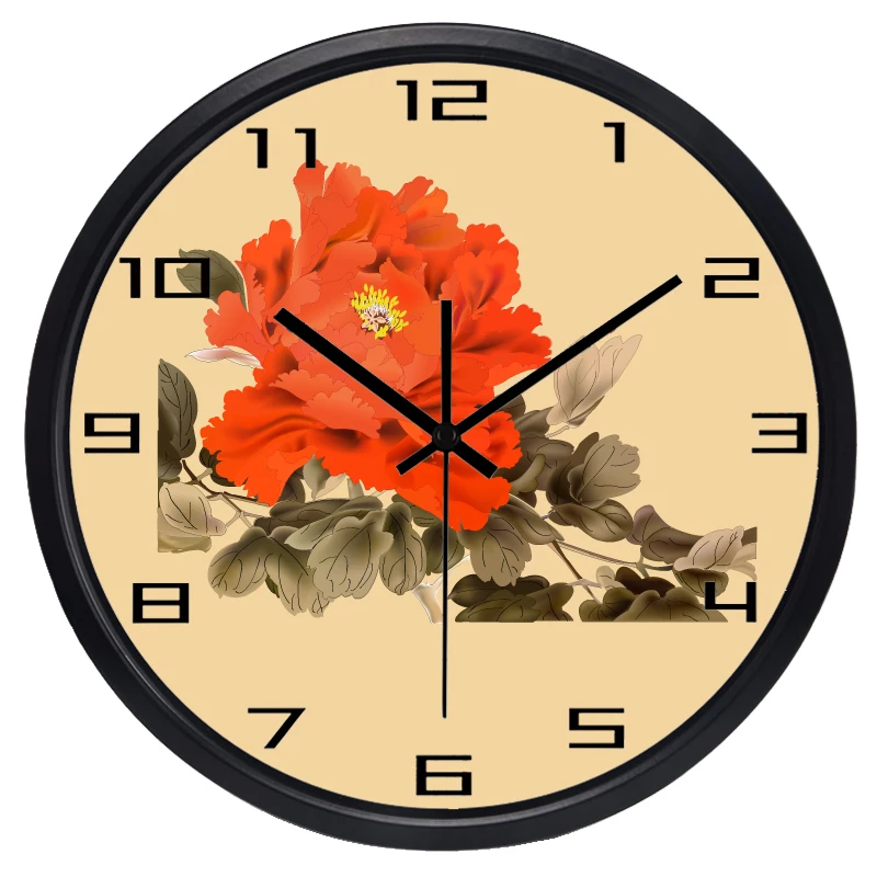 

Стеклянные Настенные часы Subshrubby с цветком пиона, Лидер продаж, круглые винтажные часы для спальни, очень тихие часы