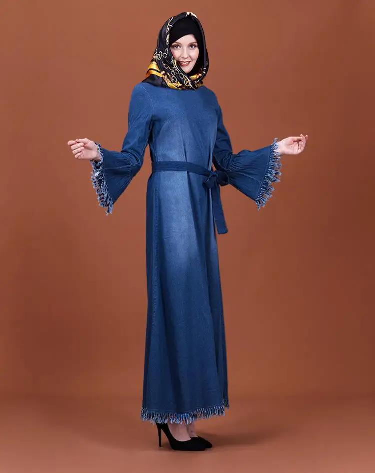 

New Abaya Kaftan Tassel Long Dress Women Muslim Fringe Denim Party Jilbab Islamic Robe Gown Flare Sleeve 2019 Autumn Maxi Dress