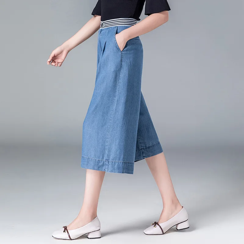 Женские свободные укороченные джинсы летние дышащие эластичные ленты с высокой