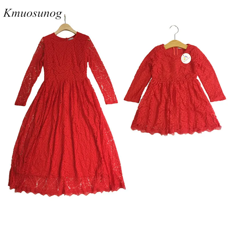 Платья для мамы и дочки одинаковые наряды семьи красное кружевное платье с